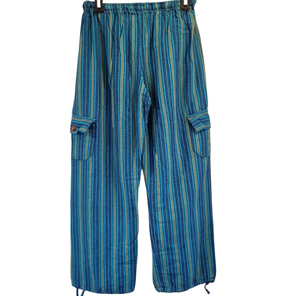 Vintage Blue Yellow Stripe Cargo Boho Hippy Pants - Picture 2 of 4